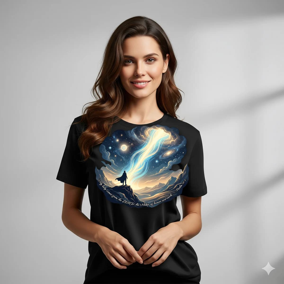 I Lift Up My Eyes — Psalm 121:1-2 Christian t-shirt design (English, Black)